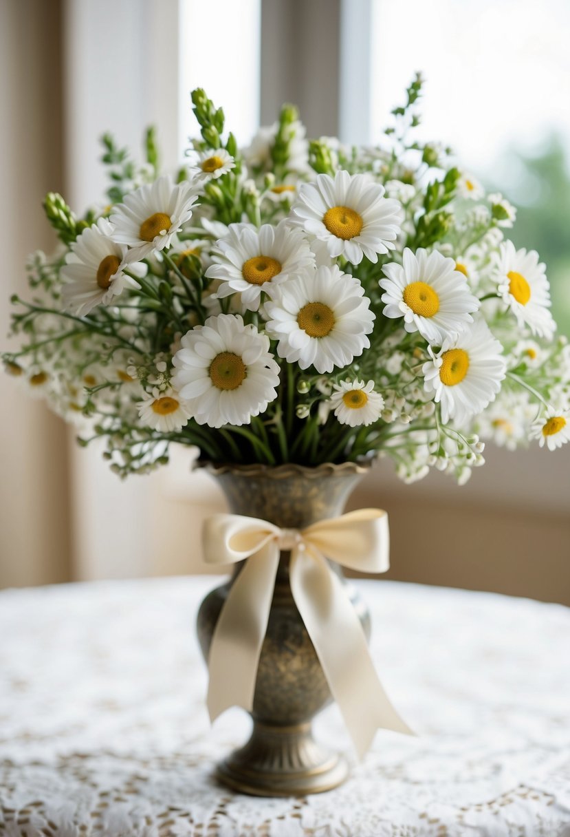 A delicate bouquet of gypsophila and daisies tied with a satin ribbon, nestled in a vintage vase on a lace tablecloth