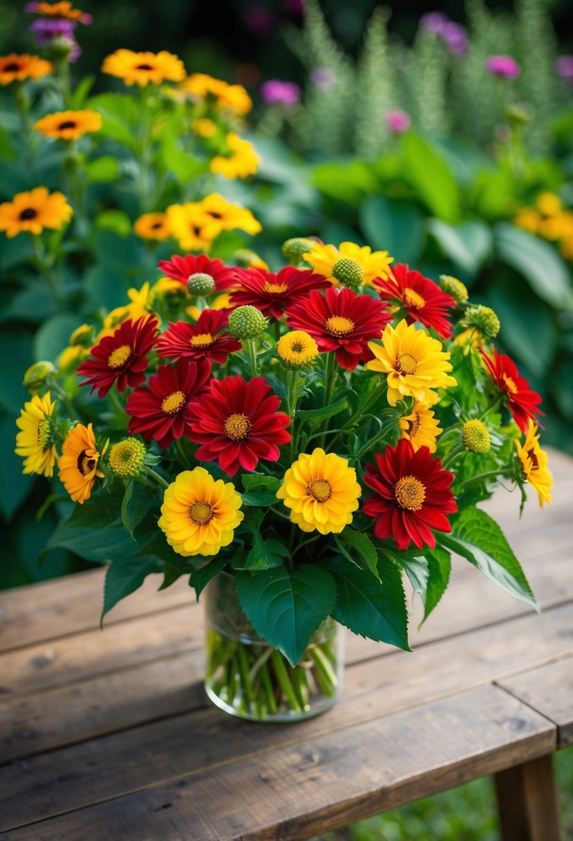 A vibrant bouquet of ruby red and golden yellow Rudbeckias, surrounded by lush greenery, sits on a rustic wooden table