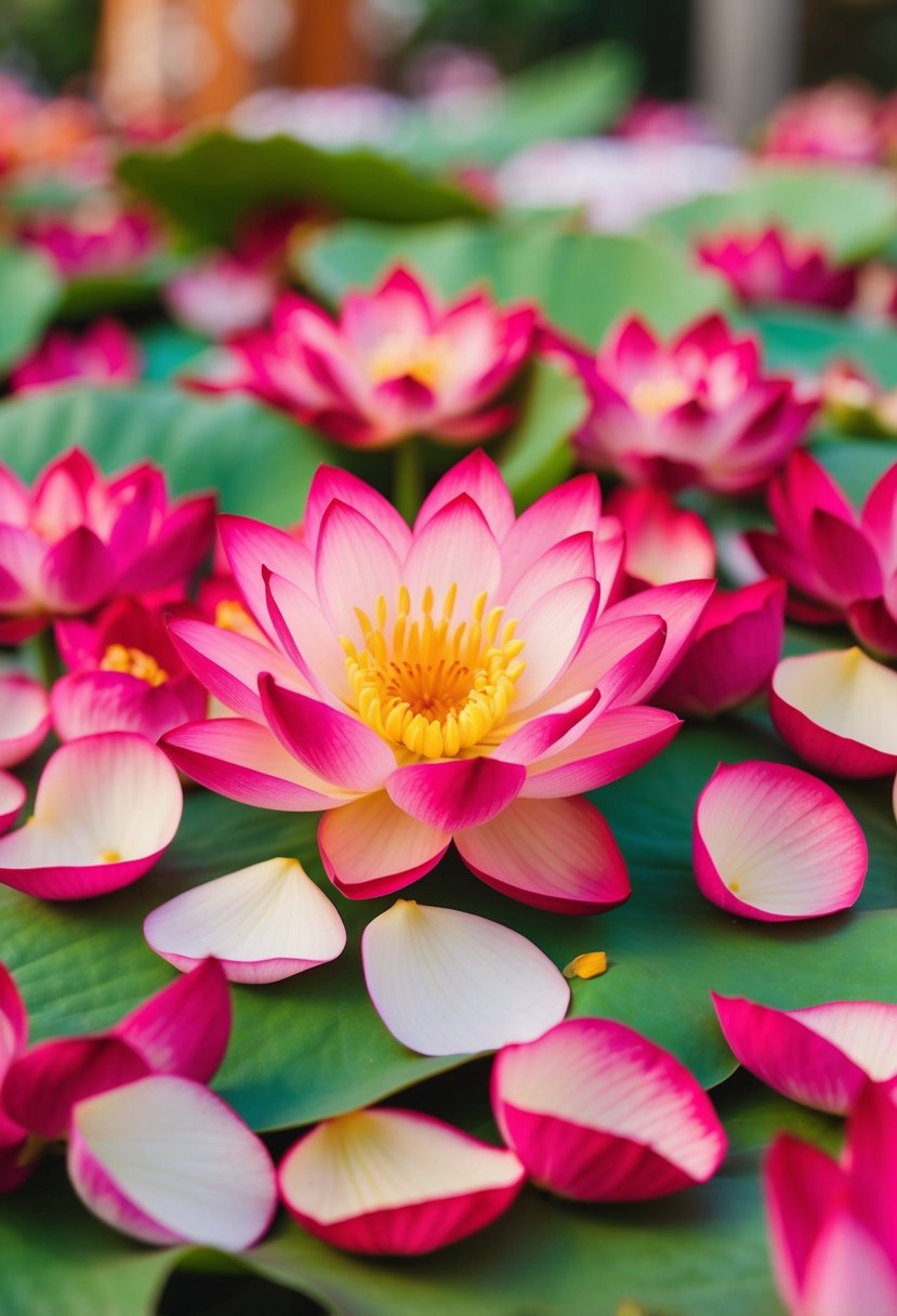 Lotus petals scattered among vibrant Indian wedding bouquet