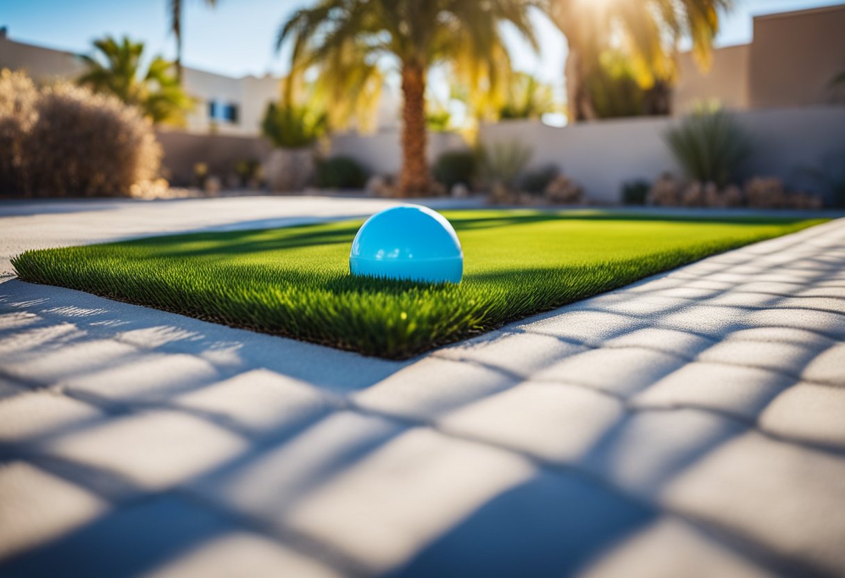 A sunny Las Vegas backyard with artificial grass, surrounded by desert landscape and a clear blue sky