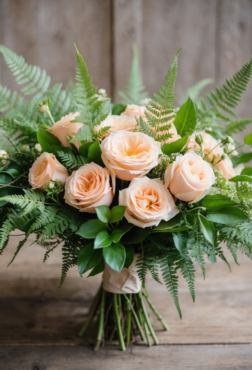 A lush bouquet of peach roses and delicate ferns arranged in a rustic, hand-tied style, evoking a romantic and natural feel for a spring wedding