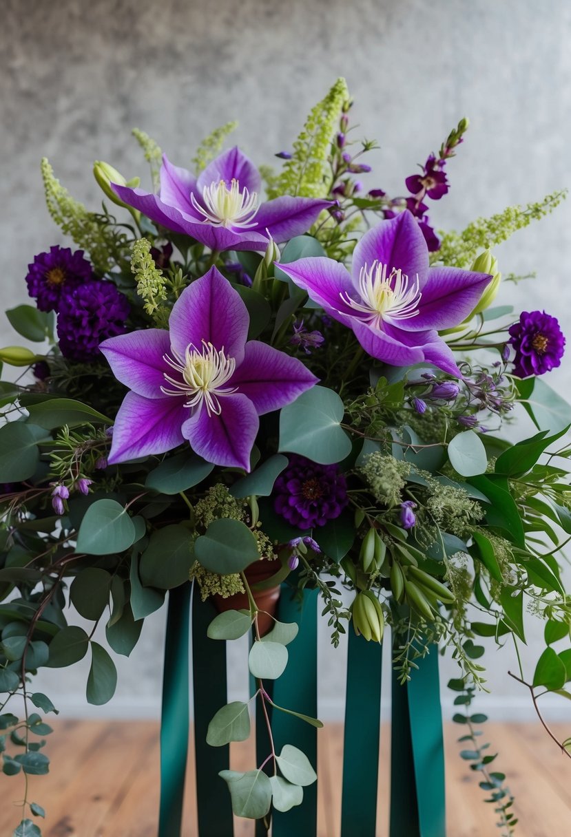 A lush, vibrant bouquet of violet clematis and deep green eucalyptus, accented with jewel-toned flowers, cascading ribbons, and delicate foliage