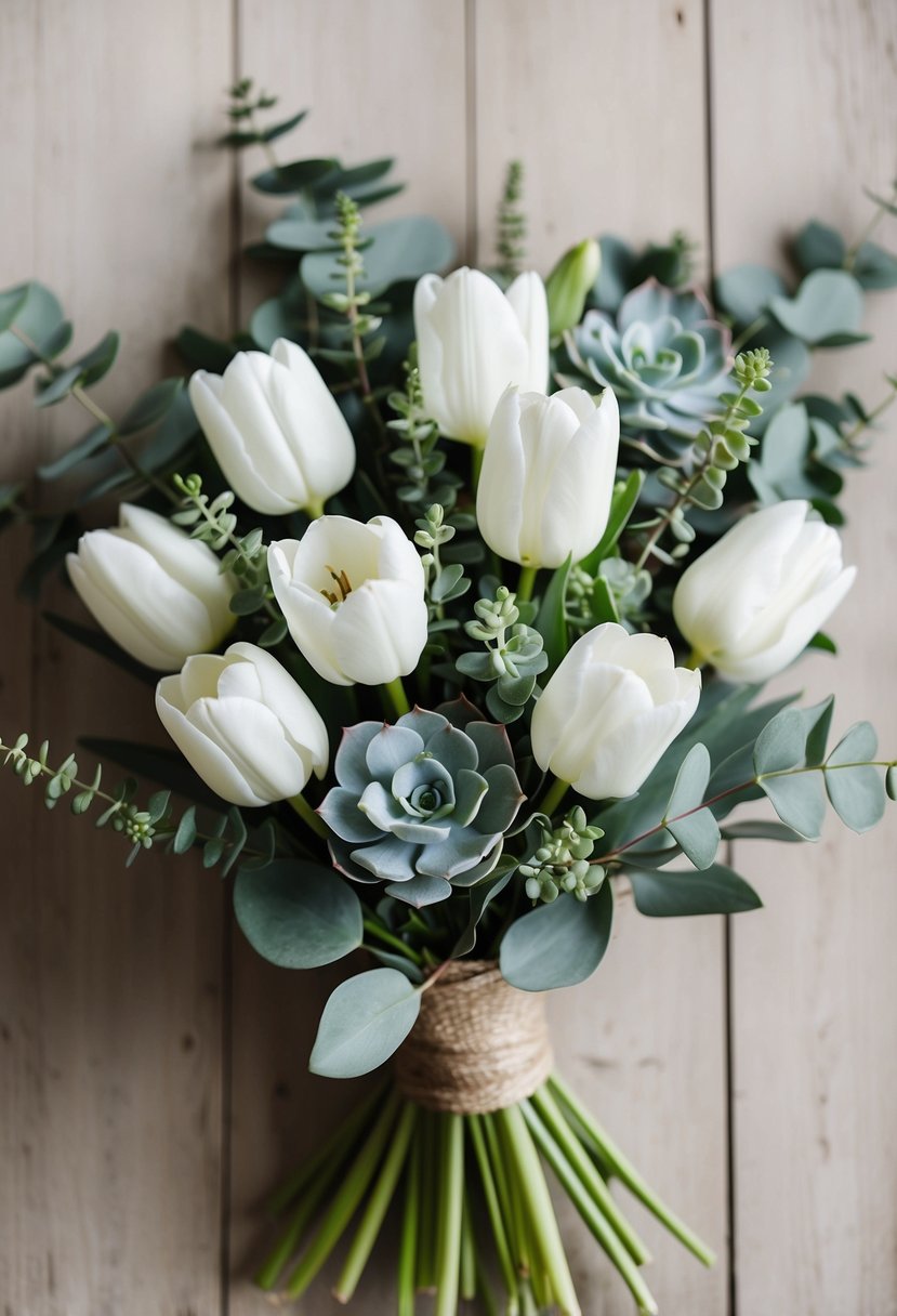 A bouquet of white tulips and succulents arranged in a rustic, hand-tied style with eucalyptus and delicate greenery