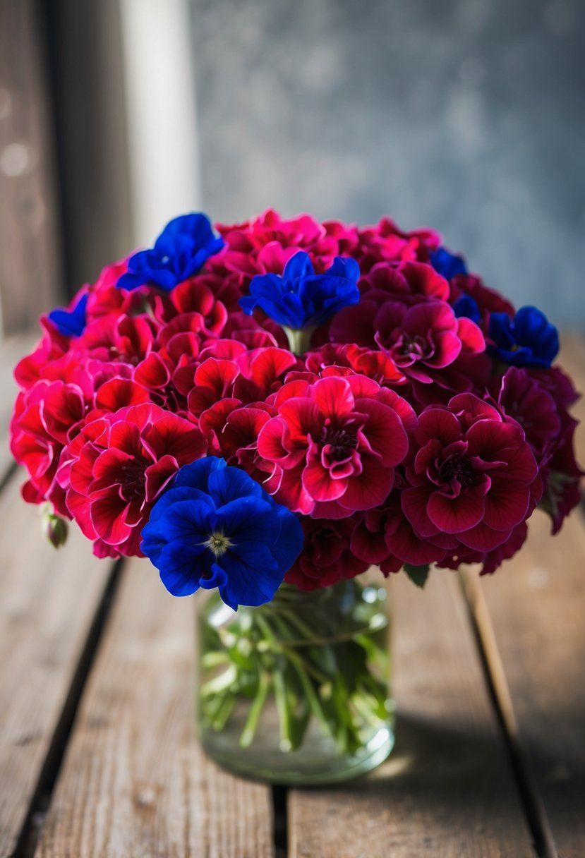 A vibrant bouquet of crimson geraniums with indigo accents sits on a rustic wooden table, bathed in soft natural light