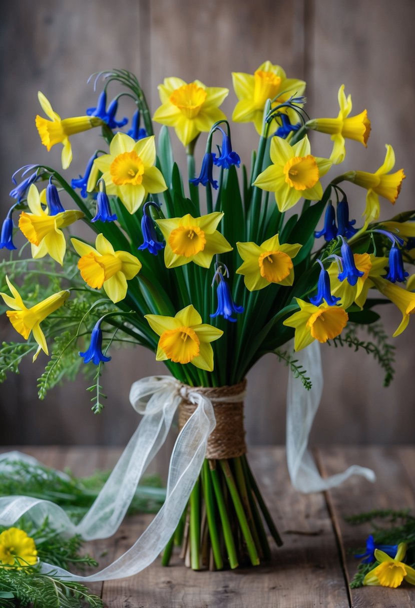 A vibrant bouquet of daffodils and bluebells, arranged in a rustic, hand-tied style with trailing greenery and delicate ribbons