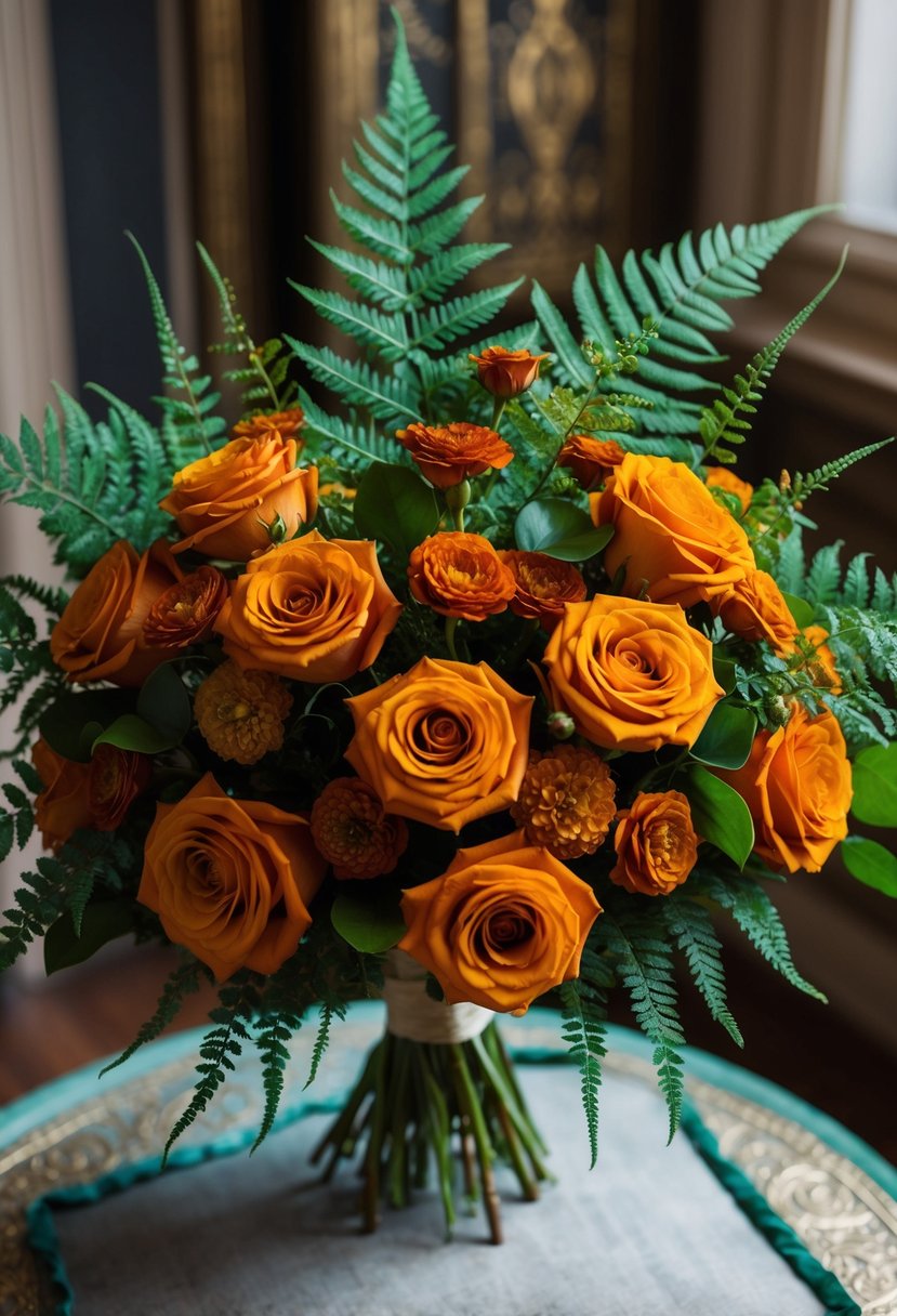 A lush bouquet of amber roses and emerald ferns, arranged in a vintage style with jewel tones