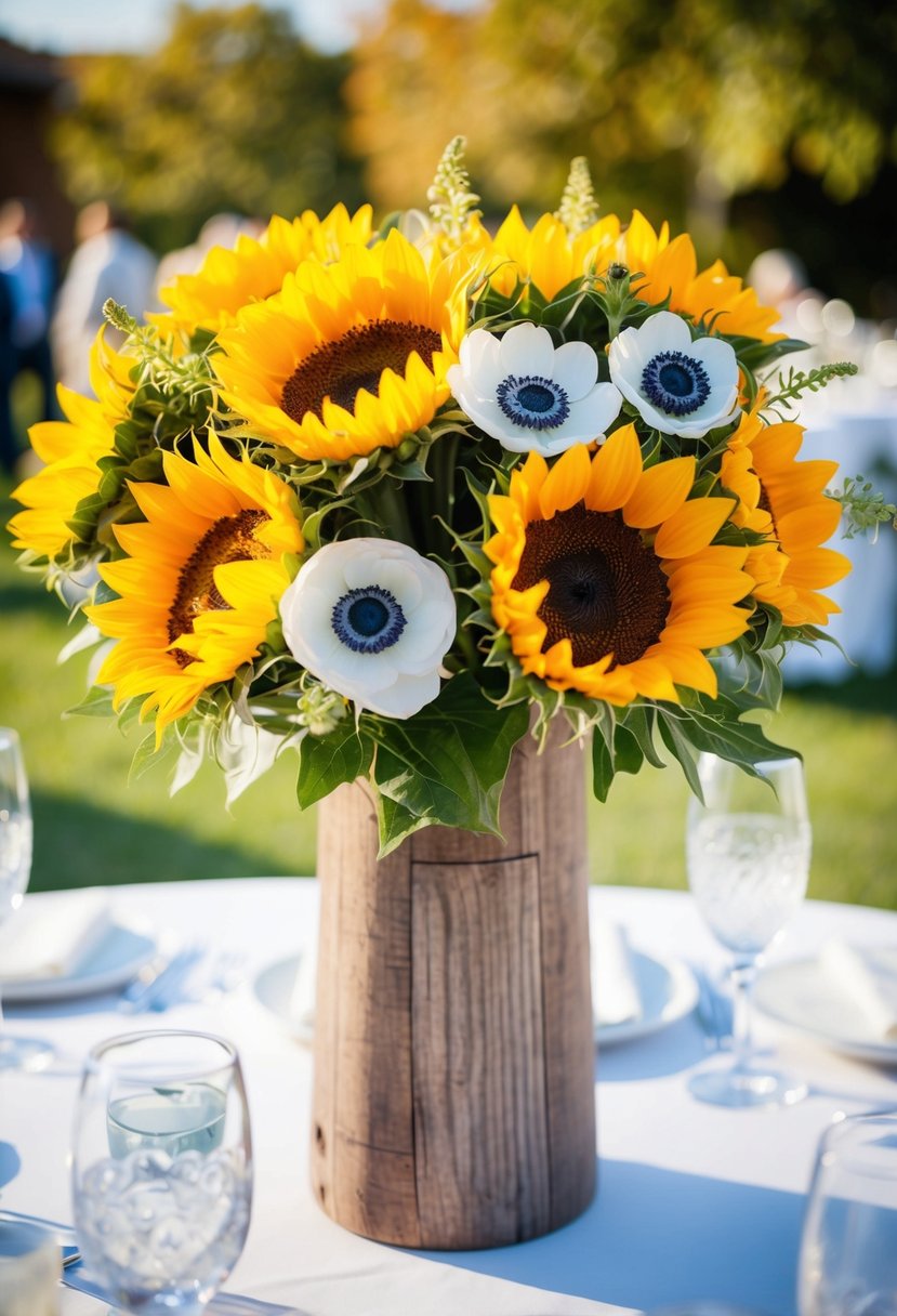 A vibrant bouquet of sunflowers and anemones arranged in a rustic, wooden vase on a sunlit, outdoor wedding reception table