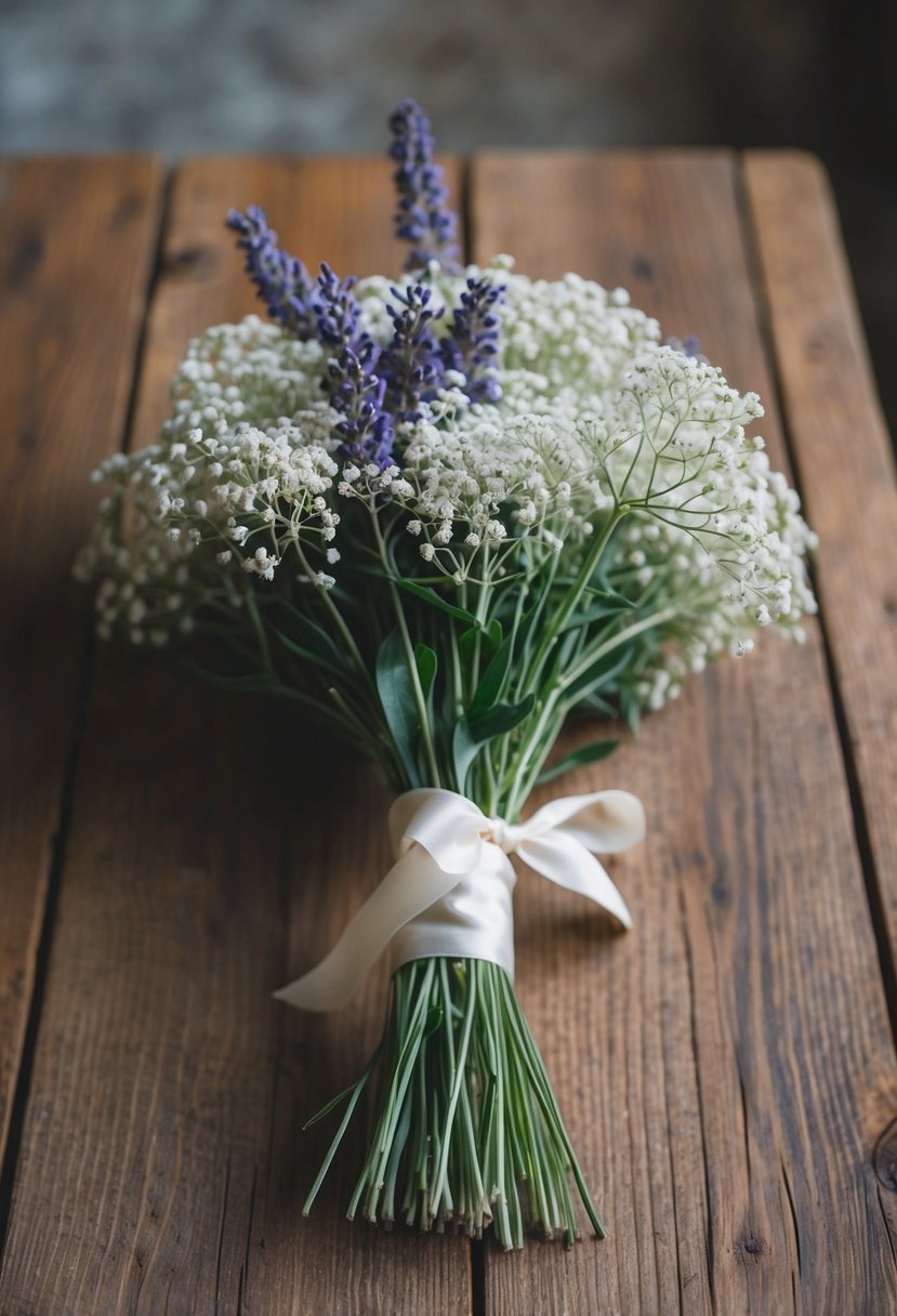 A delicate bouquet of baby's breath and lavender, tied with a silk ribbon, sits on a rustic wooden table