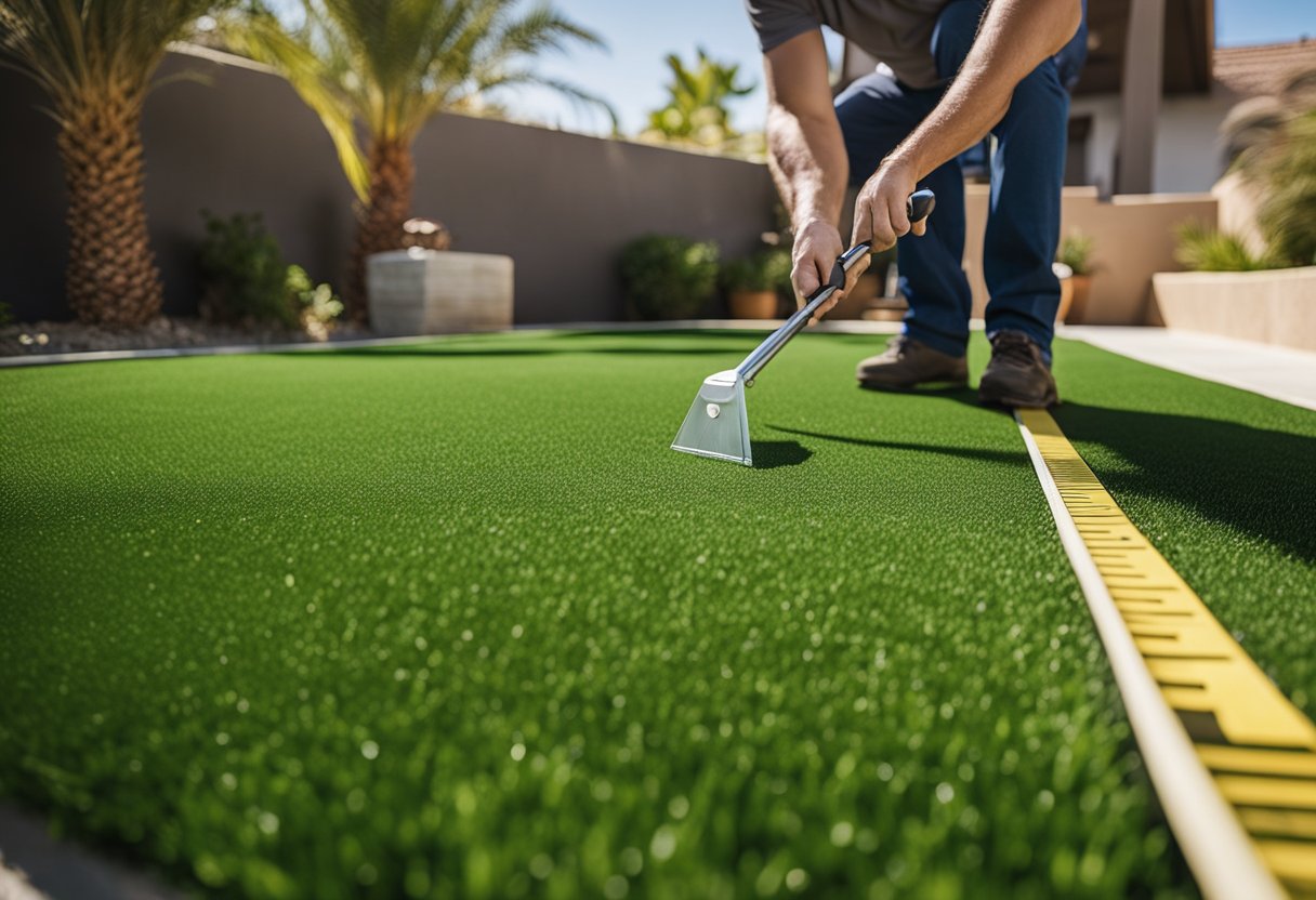 A professional installer in Las Vegas measuring and pricing artificial grass in a residential backyard