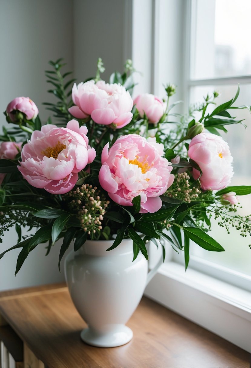 A lush bouquet of pink peonies and greenery arranged in a white vase, with soft natural light streaming in from a nearby window