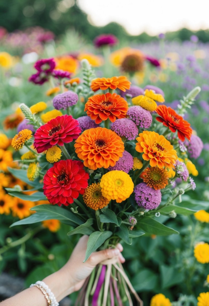 A vibrant bouquet of zinnias and wildflowers in a rustic, hand-tied arrangement