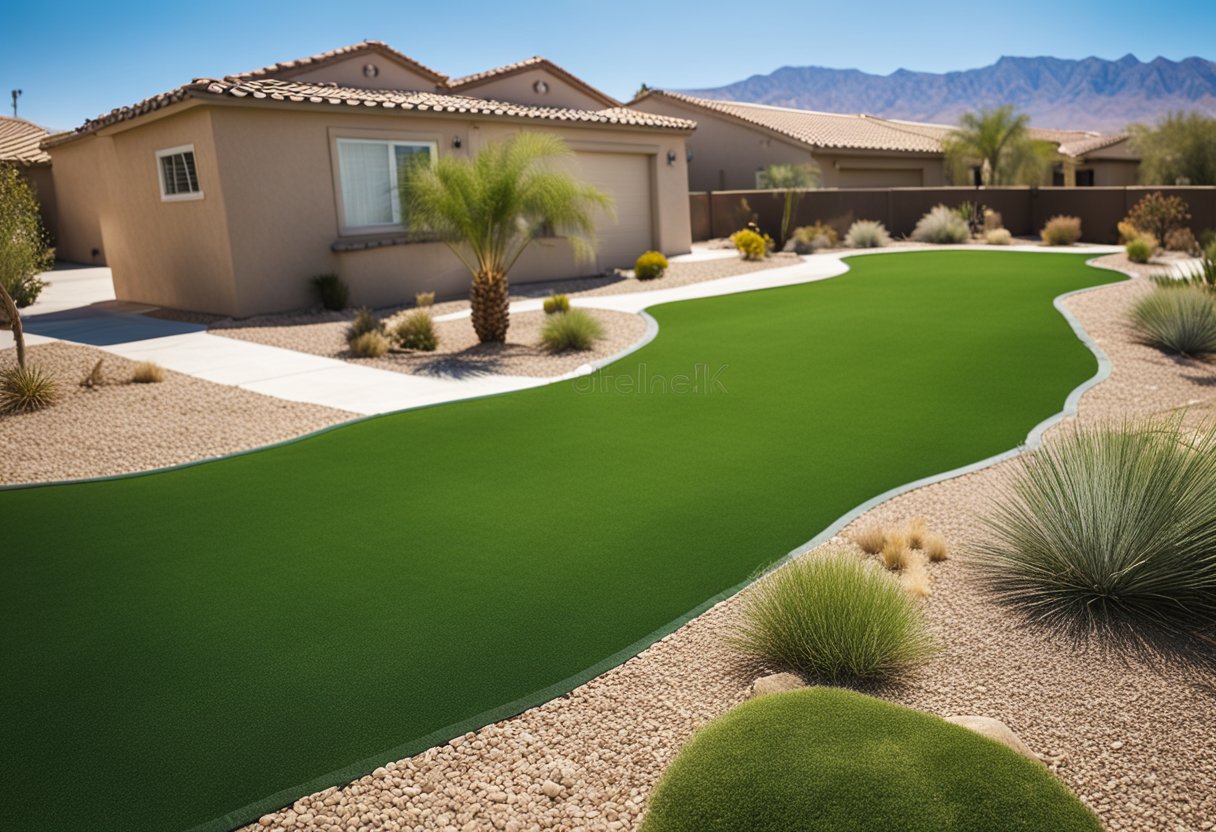 A sunny Las Vegas backyard with artificial grass, surrounded by desert landscape and a clear blue sky