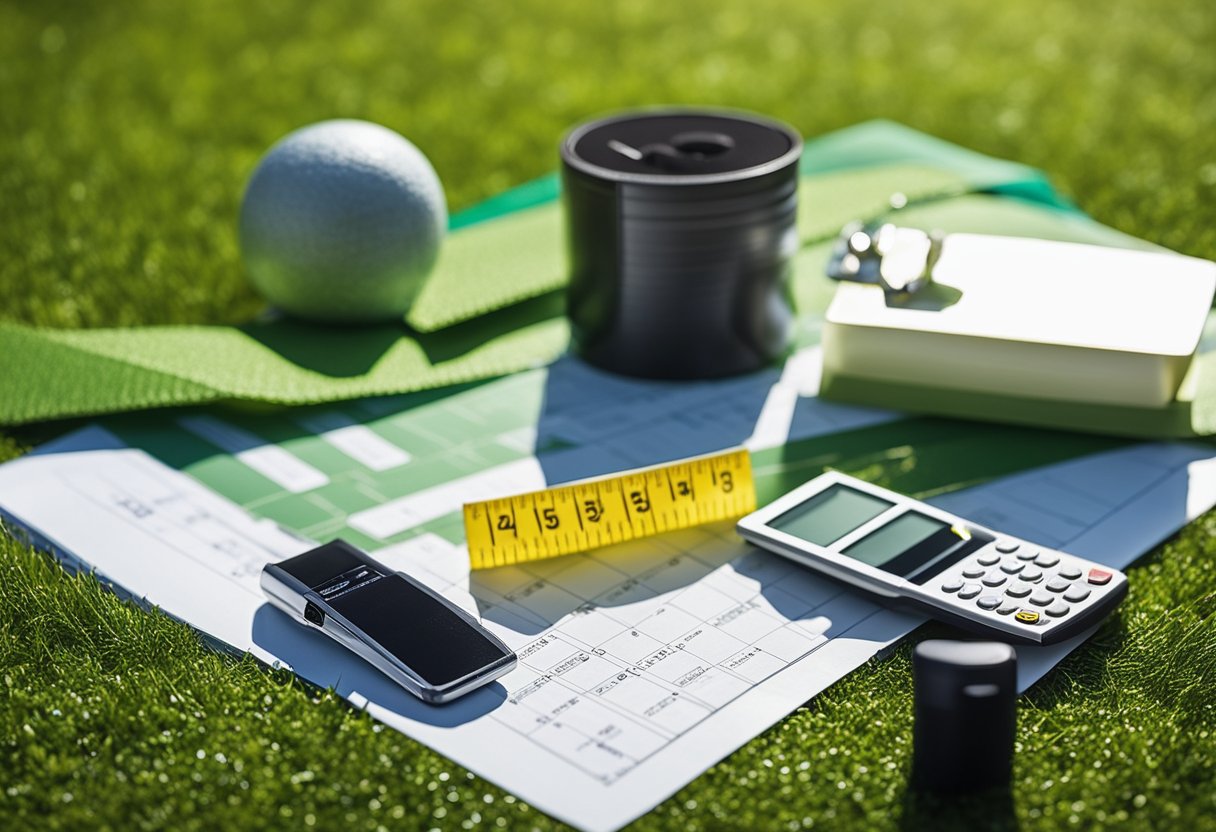 A sunny backyard with a measuring tape, calculator, and artificial grass samples spread out on the ground. A price list and a pen are nearby