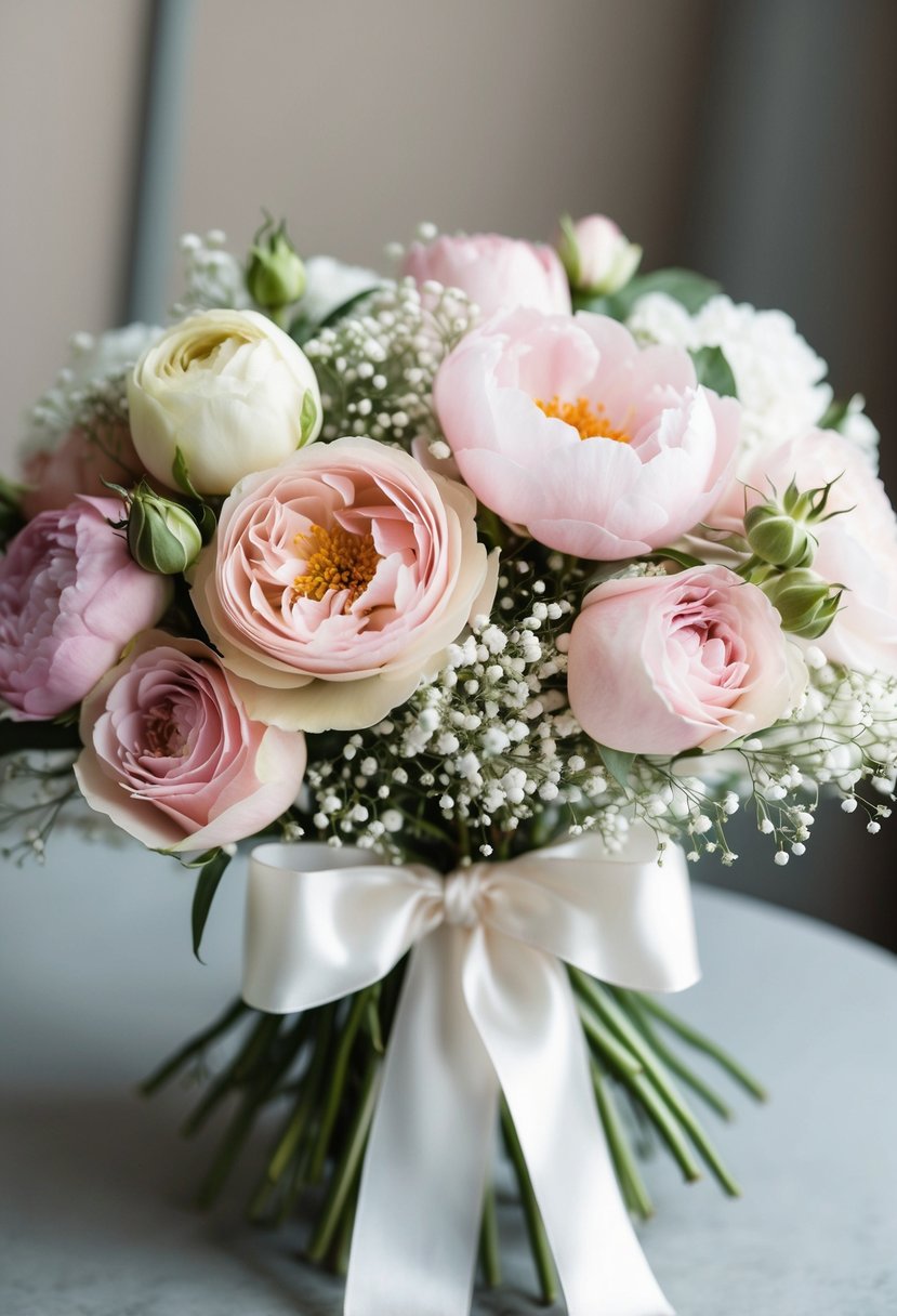 A delicate arrangement of pastel roses, peonies, and baby's breath tied with a satin ribbon