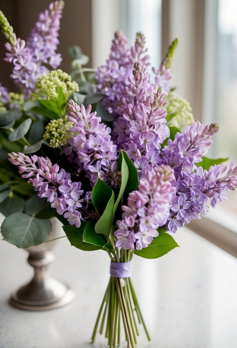 A small bouquet of lilac and lavender flowers arranged in a delicate and elegant manner, with a touch of greenery for contrast