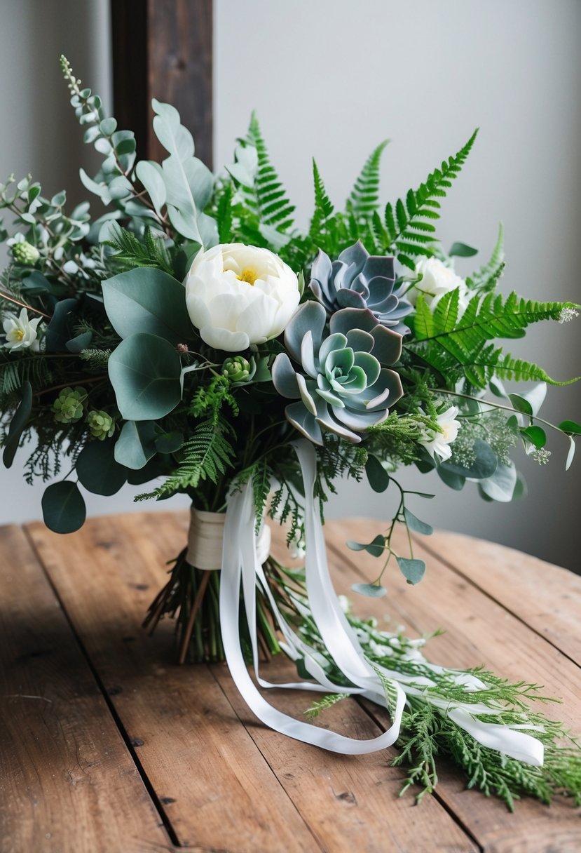 A lush bouquet of eucalyptus, ferns, and succulents, accented with white flowers and trailing ribbons, sits on a rustic wooden table