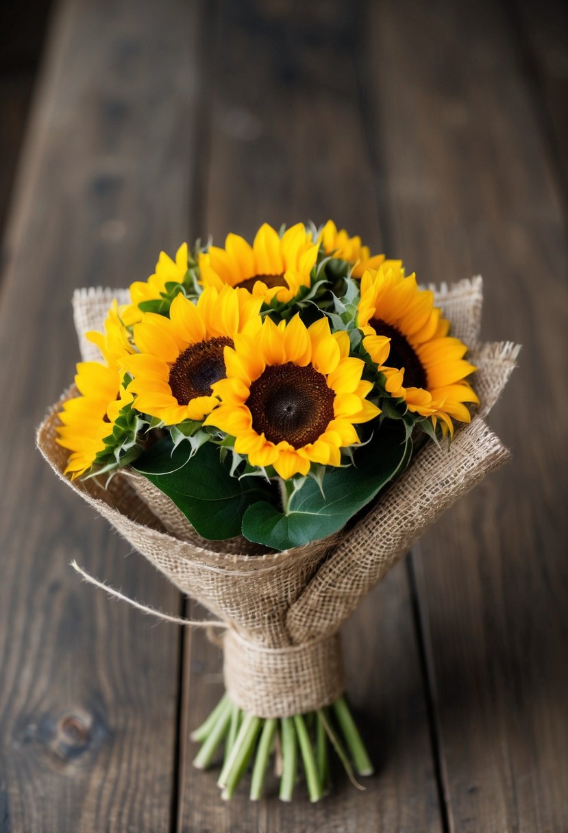 A small bouquet of rustic burlap and vibrant sunflowers arranged in a simple, elegant style