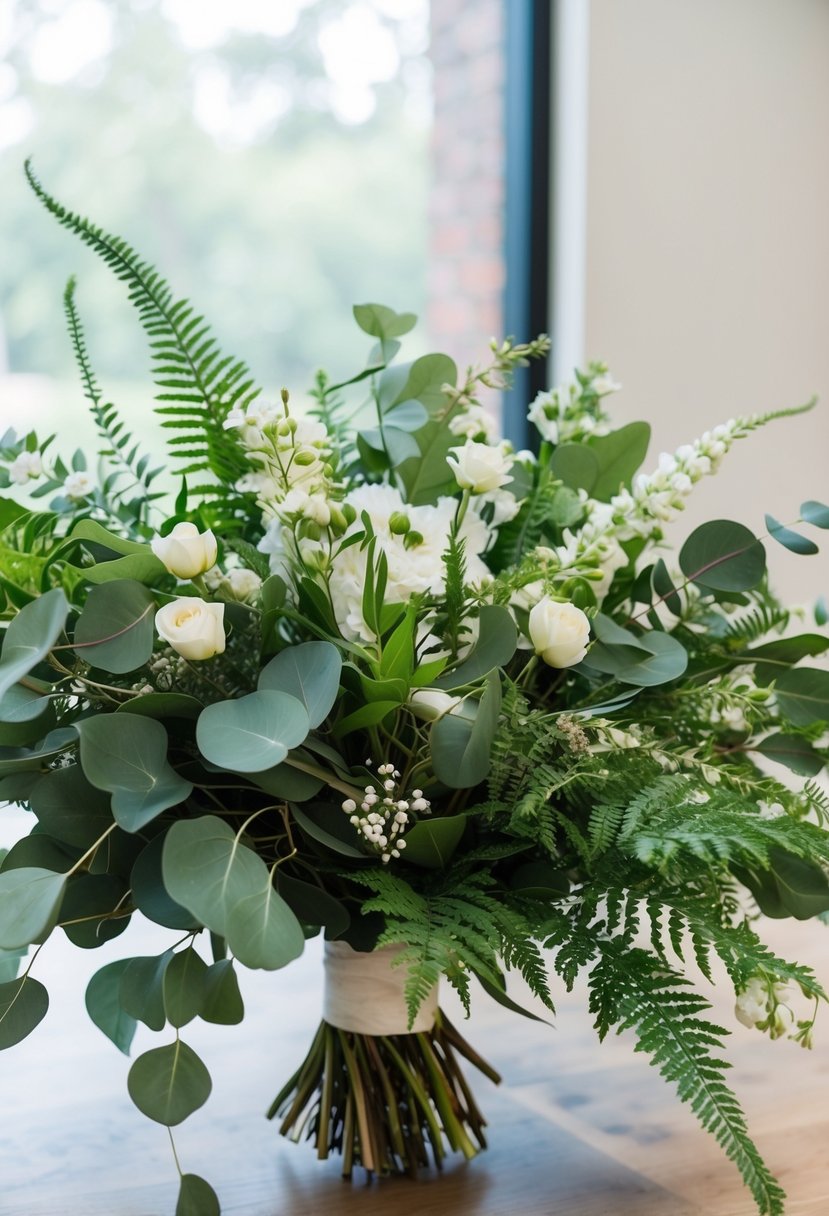 A lush bouquet of eucalyptus and ferns, intertwined with delicate white flowers, creates a natural and elegant wedding centerpiece