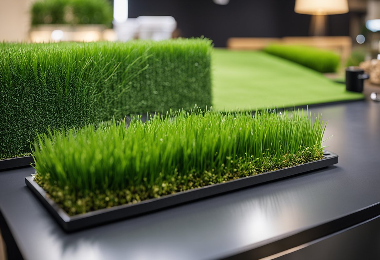 A homeowner in Las Vegas comparing prices of artificial grass at a local supplier, with different samples and prices displayed on a table
