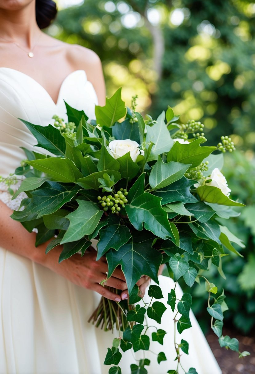 A lush wedding bouquet featuring a combination of bay leaves and ivy, creating a vibrant and elegant greenery arrangement