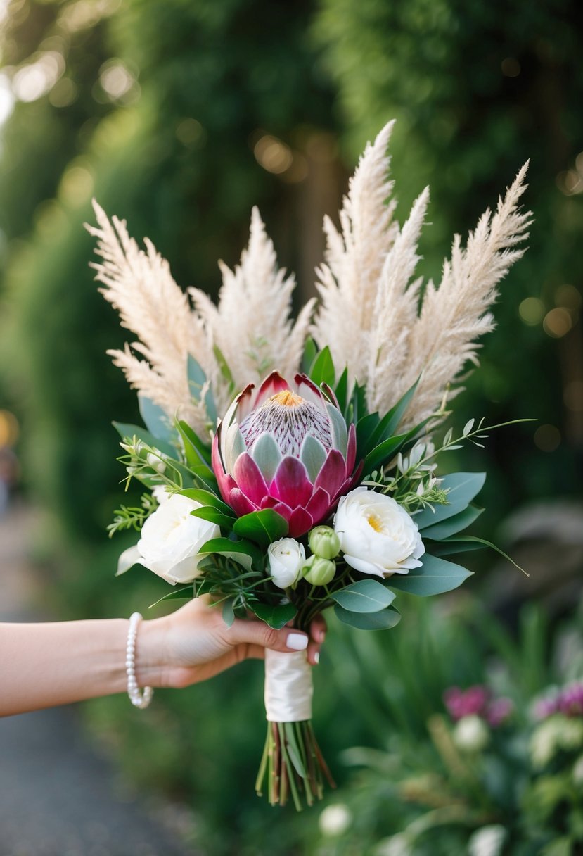 A small, modern wedding bouquet featuring vibrant Protea and delicate Pampas Grass, arranged in a stylish and elegant manner