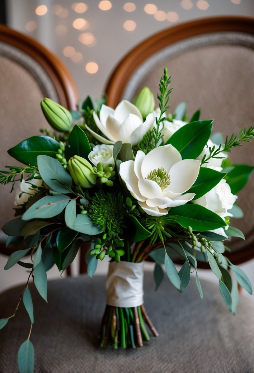 A lush wedding bouquet featuring greenery and magnolia leaf accents