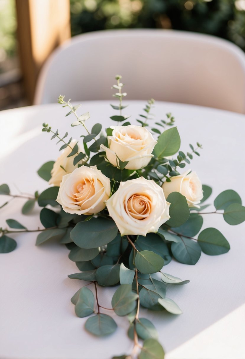 A small bouquet of timeless roses and eucalyptus leaves arranged in a delicate and elegant manner, with the soft glow of natural light illuminating the scene