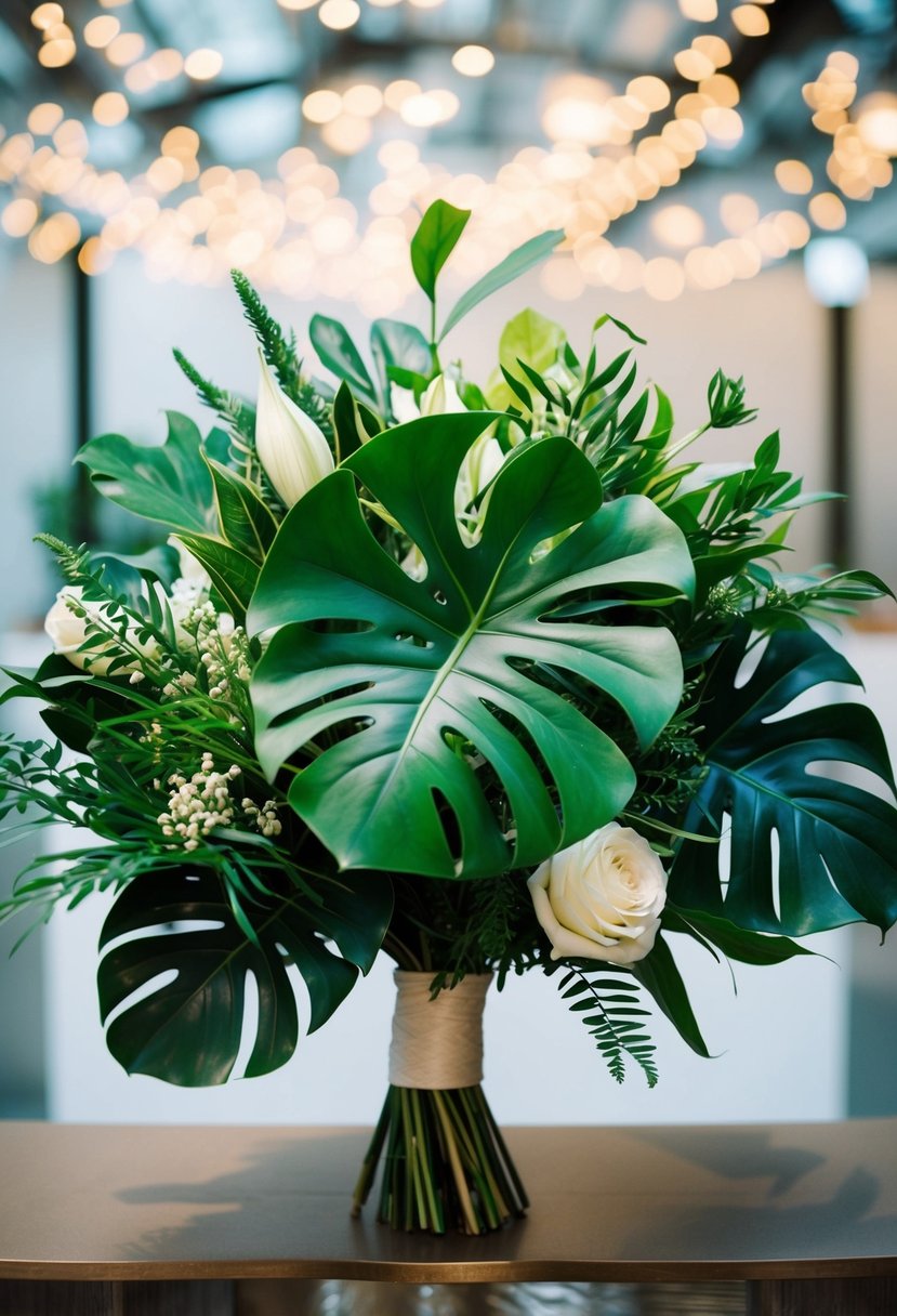 A lush wedding bouquet featuring large monstera leaves and other greenery, arranged in a stylish and modern fashion