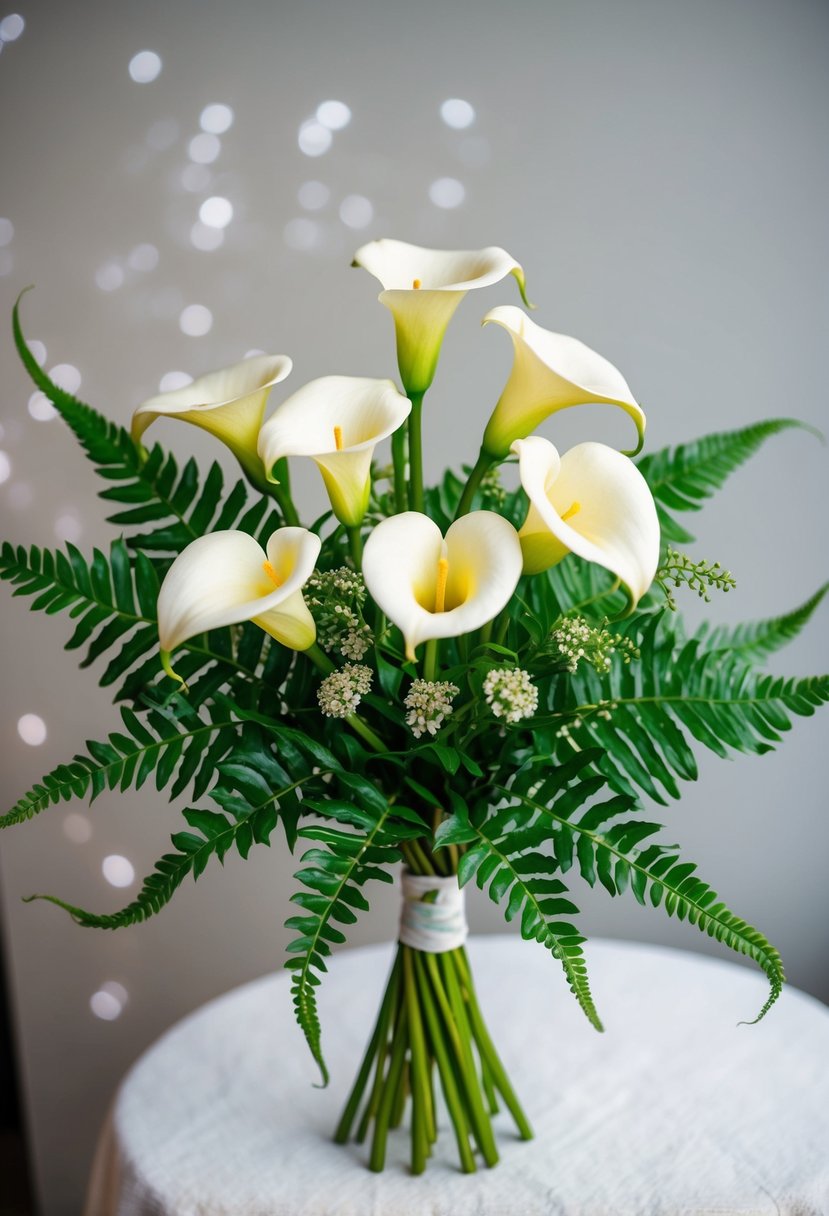 A small bouquet of elegant calla lilies and lush ferns arranged in a delicate and sophisticated manner