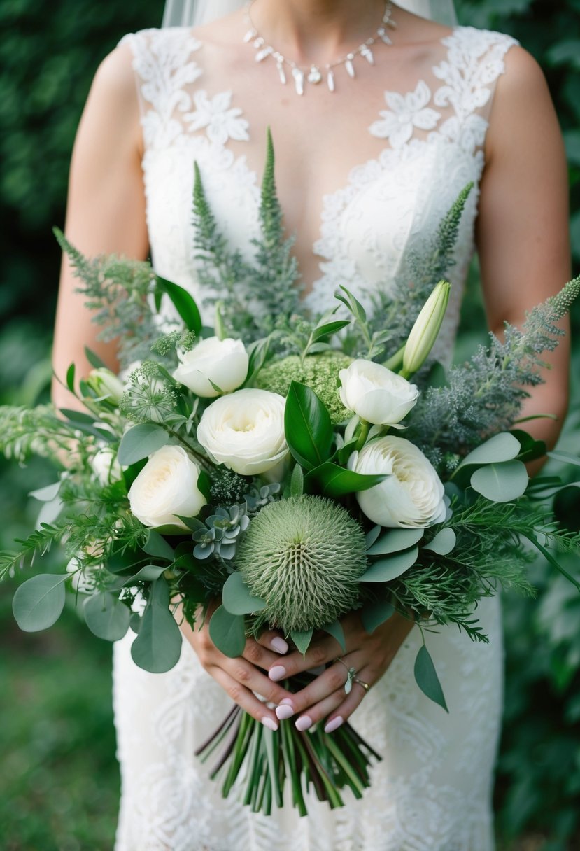 A lush wedding bouquet featuring dusty miller and textured greenery