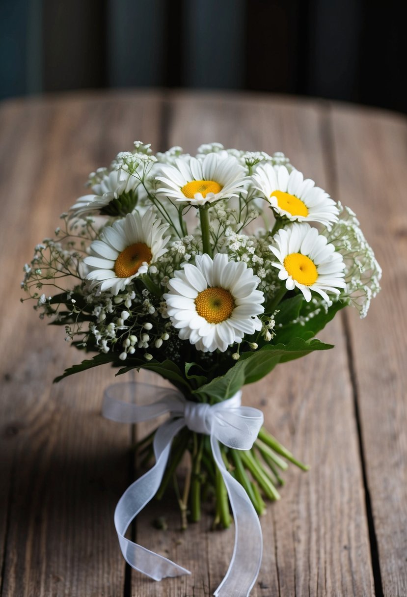 A small bouquet of whimsical daisies and baby's breath, tied with a delicate ribbon, sits on a rustic wooden table