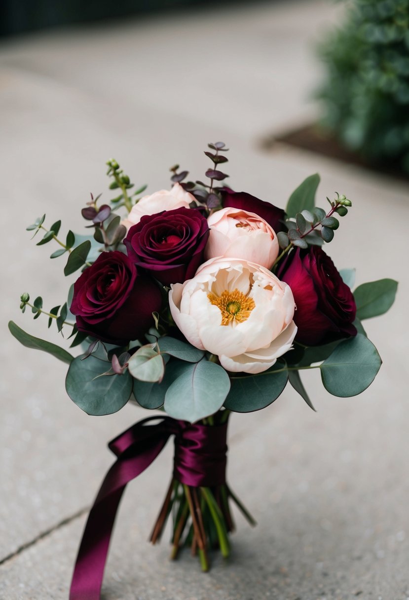 A small bouquet of burgundy and blush roses, peonies, and eucalyptus tied with a satin ribbon