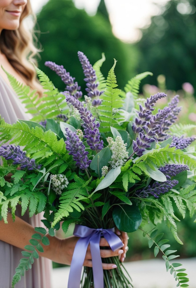 A lush bouquet of ferns and lavender intertwined with delicate greenery