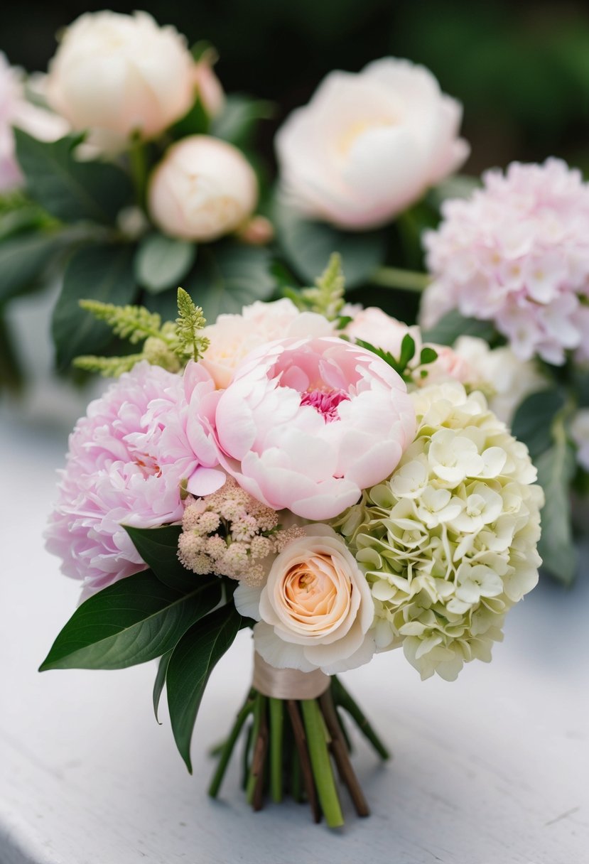 A delicate mix of peonies and hydrangeas in a small wedding bouquet, with soft pastel colors and lush greenery