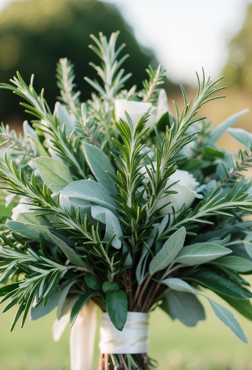 Sage and rosemary branches entwine with greenery in a lush wedding bouquet