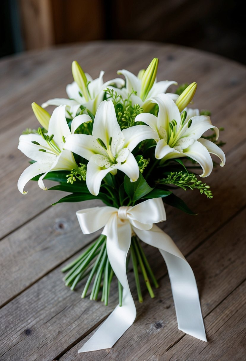 A delicate white lily charm bouquet, adorned with small green leaves and tied with a satin ribbon, sits on a rustic wooden table