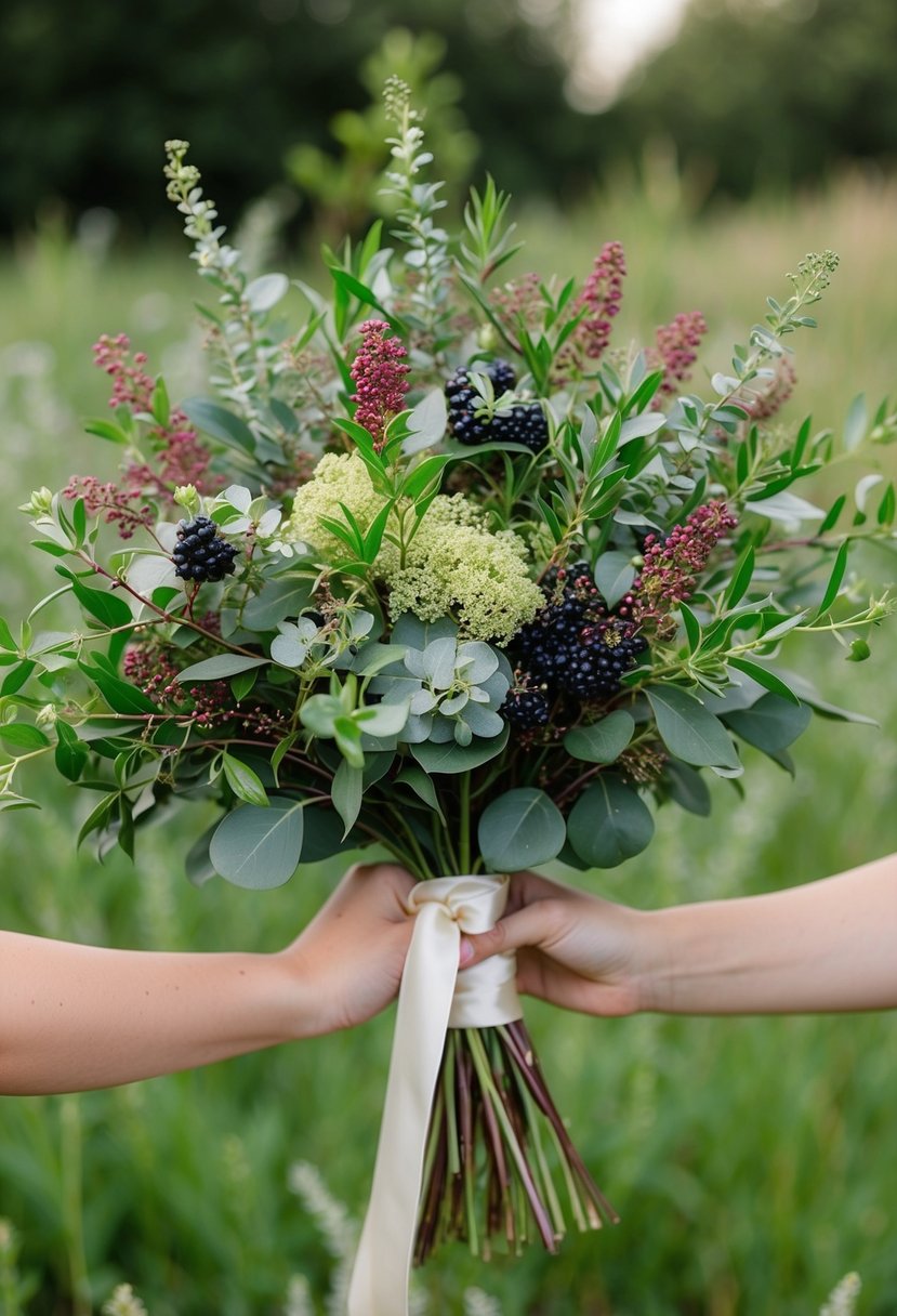 A lush bouquet of ruscus and huckleberry intertwined with delicate greenery, tied with a satin ribbon