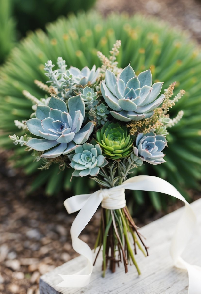 A small, wild and lush bouquet of succulents and sage, tied with a flowing ribbon