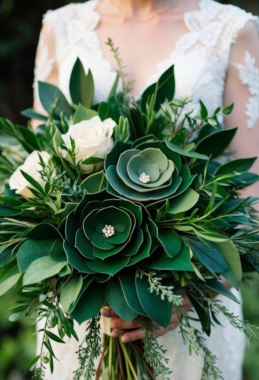 A lush wedding bouquet featuring various shades of green leather leaf layers, with delicate sprigs of greenery intertwined throughout