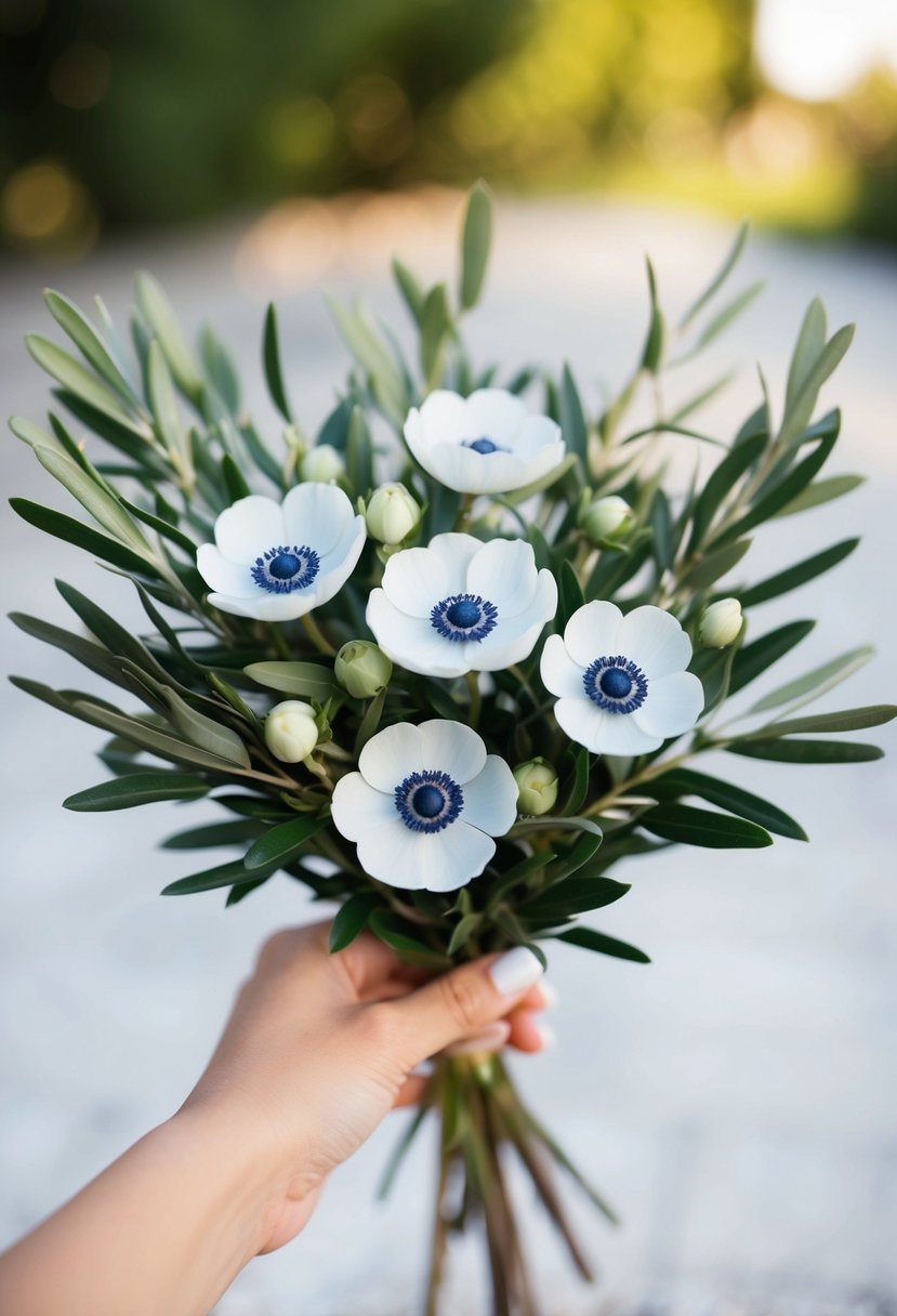 A small bouquet of chic anemones and olive branches arranged in a delicate and elegant manner