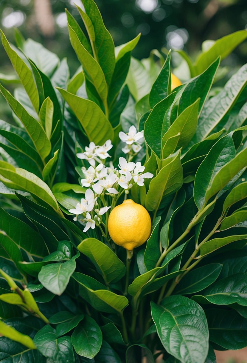 A lush bouquet of salal and lemon leaves intertwined, with delicate white flowers peeking out among the greenery