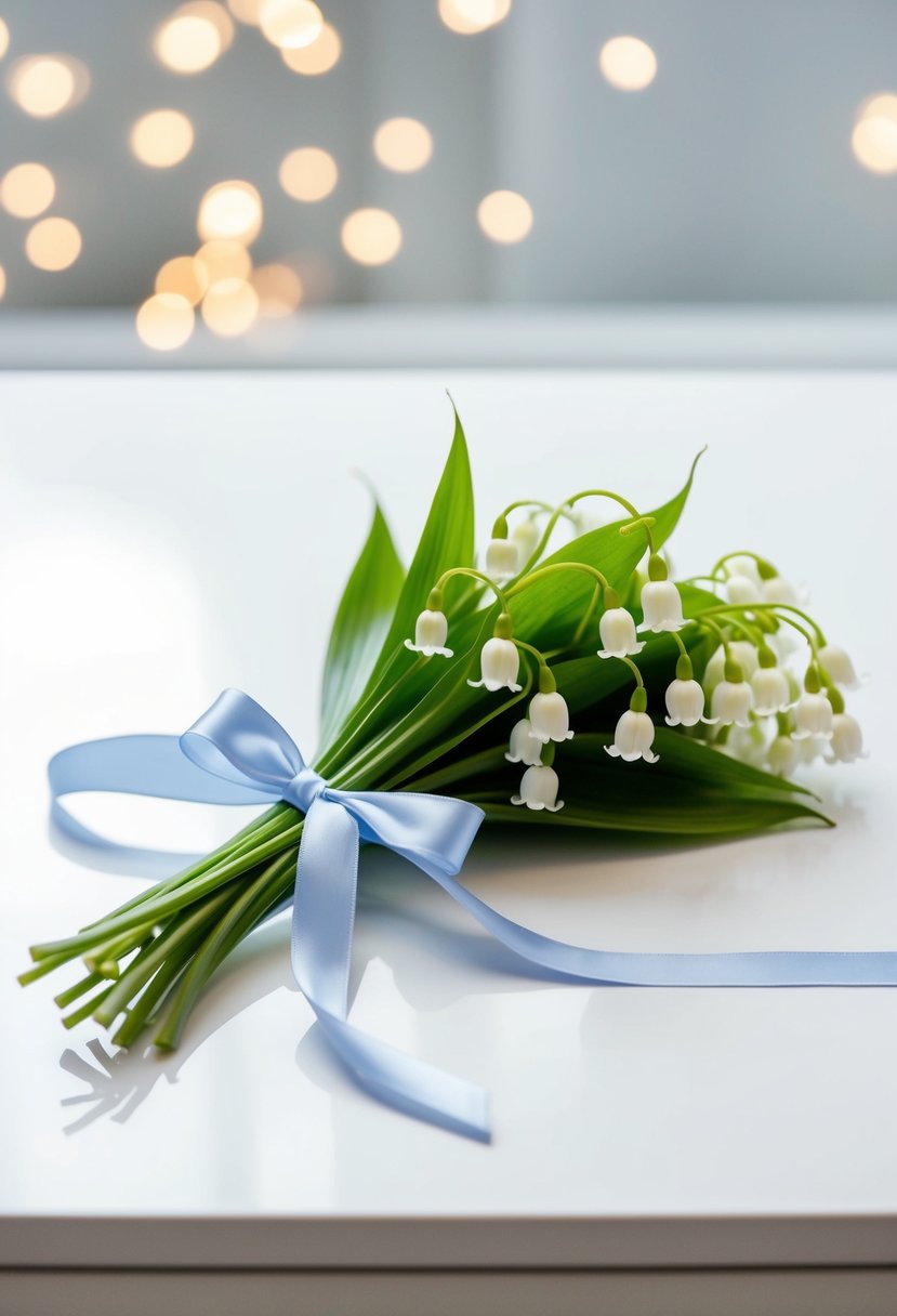 A small, simple bouquet of lily of the valley, tied with a satin ribbon, resting on a clean, white surface