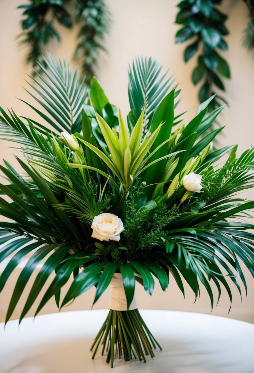 A lush bouquet of palm leaves and elegant greenery, arranged in a graceful and organic composition