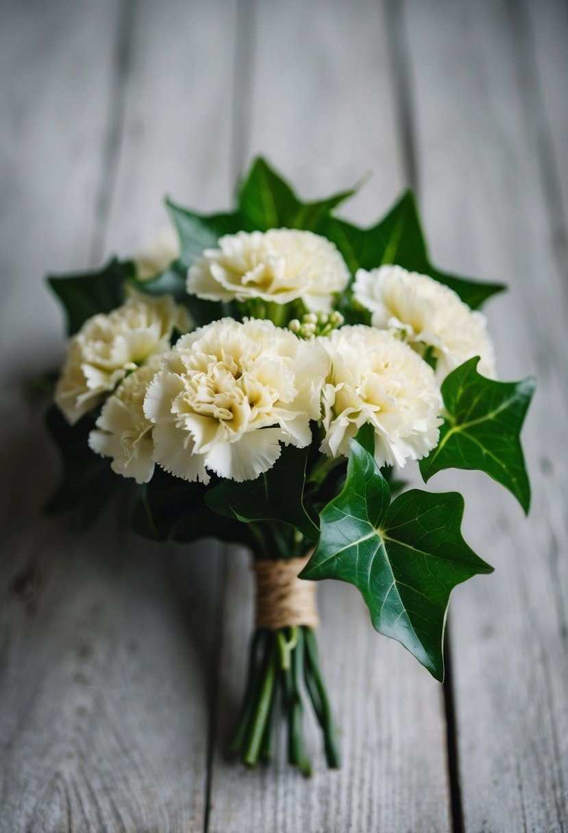 A small bouquet of vintage carnations and ivy arranged in a delicate, rustic style