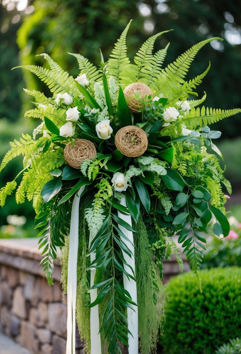 A lush, cascading wedding bouquet featuring Bird’s Nest Fern and other vibrant greenery