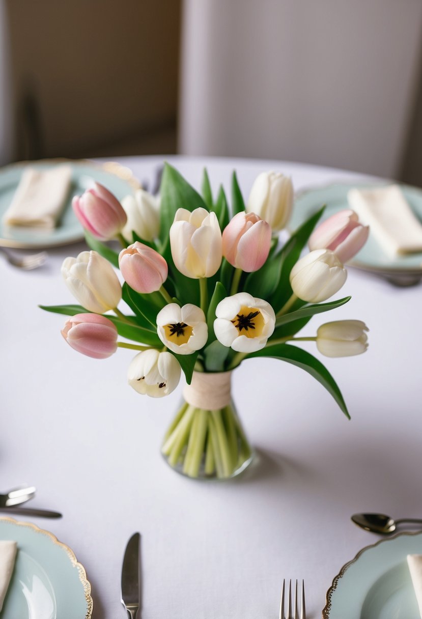 A small bouquet of classic tulips and ranunculus, arranged in a delicate and elegant manner, perfect for a wedding