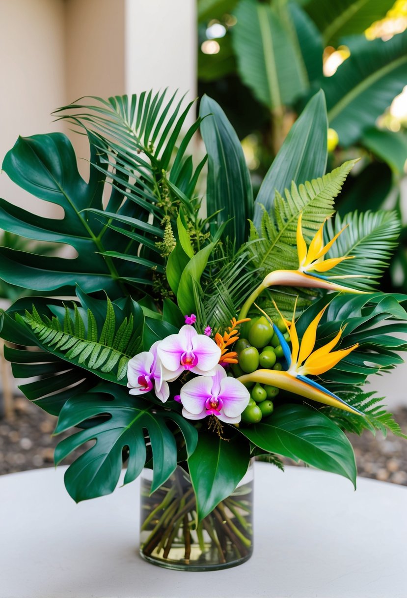 A lush bouquet of tropical greenery, including palm leaves, monstera, and ferns, accented with vibrant pops of color from exotic flowers like orchids and bird of paradise