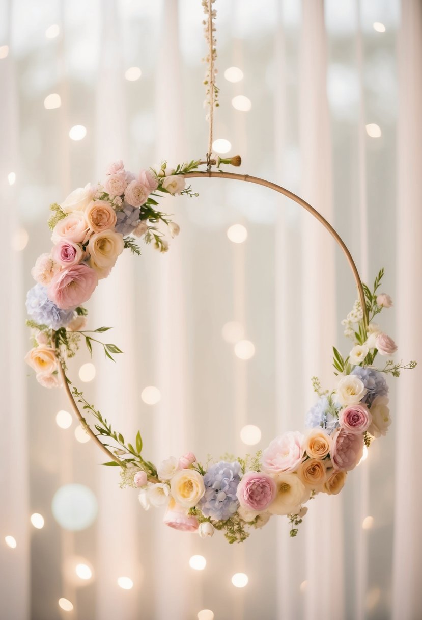 A delicate hoop adorned with pastel flowers, suspended in mid-air with soft, dreamy lighting