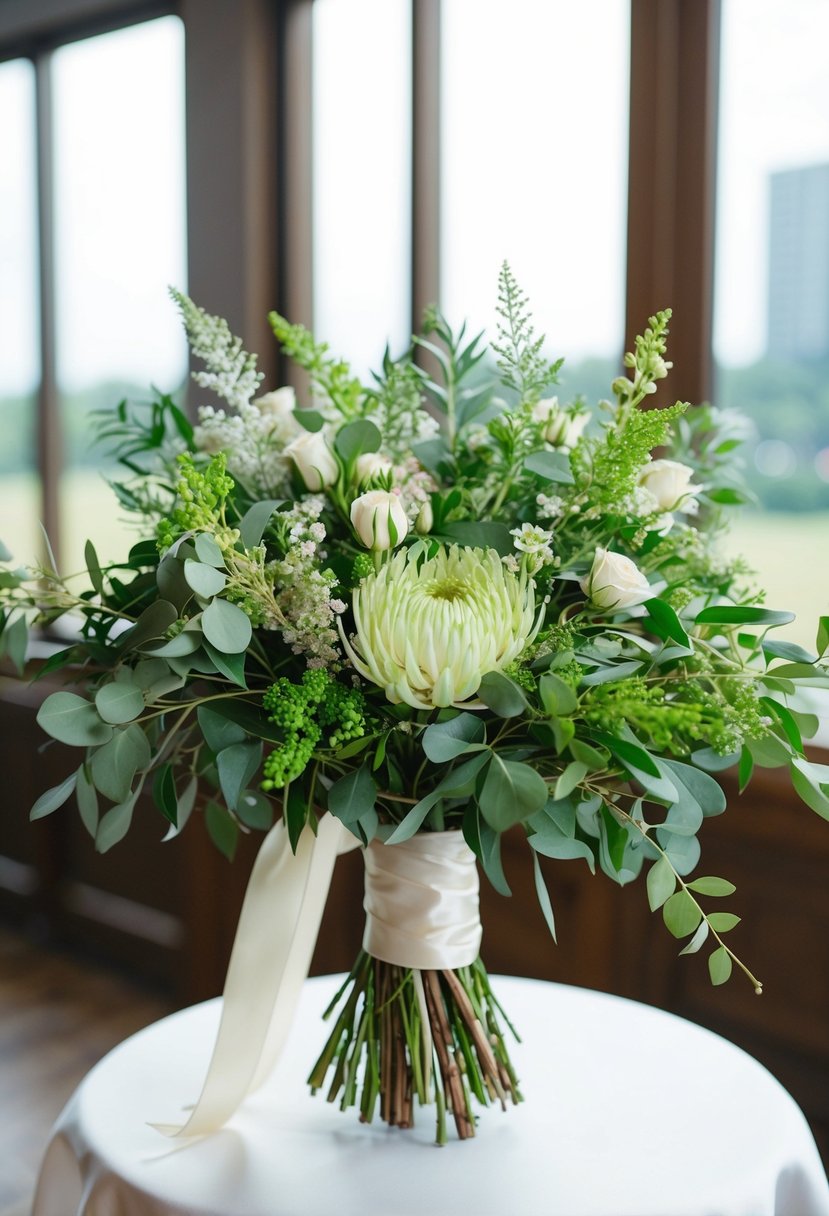 A lush wedding bouquet of Ruscus greenery, accented with delicate blooms and tied with a satin ribbon