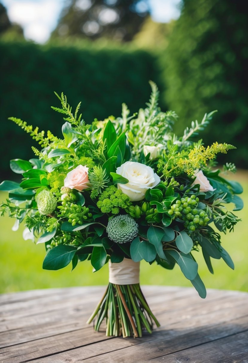 A vibrant assortment of handpicked greenery arranged in a lush wedding bouquet